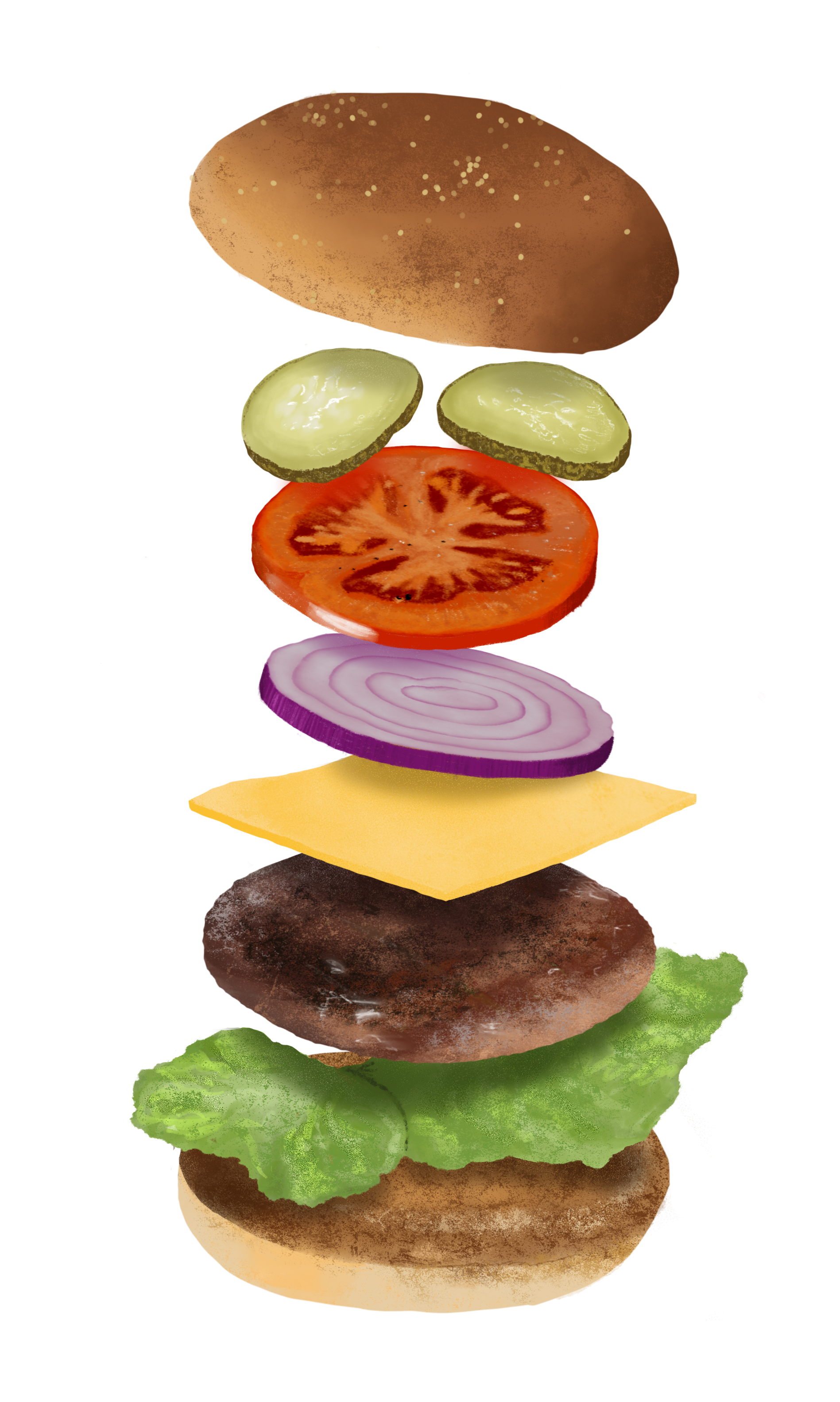 Food illustration of an exploded cheeseburger by Javi Sola