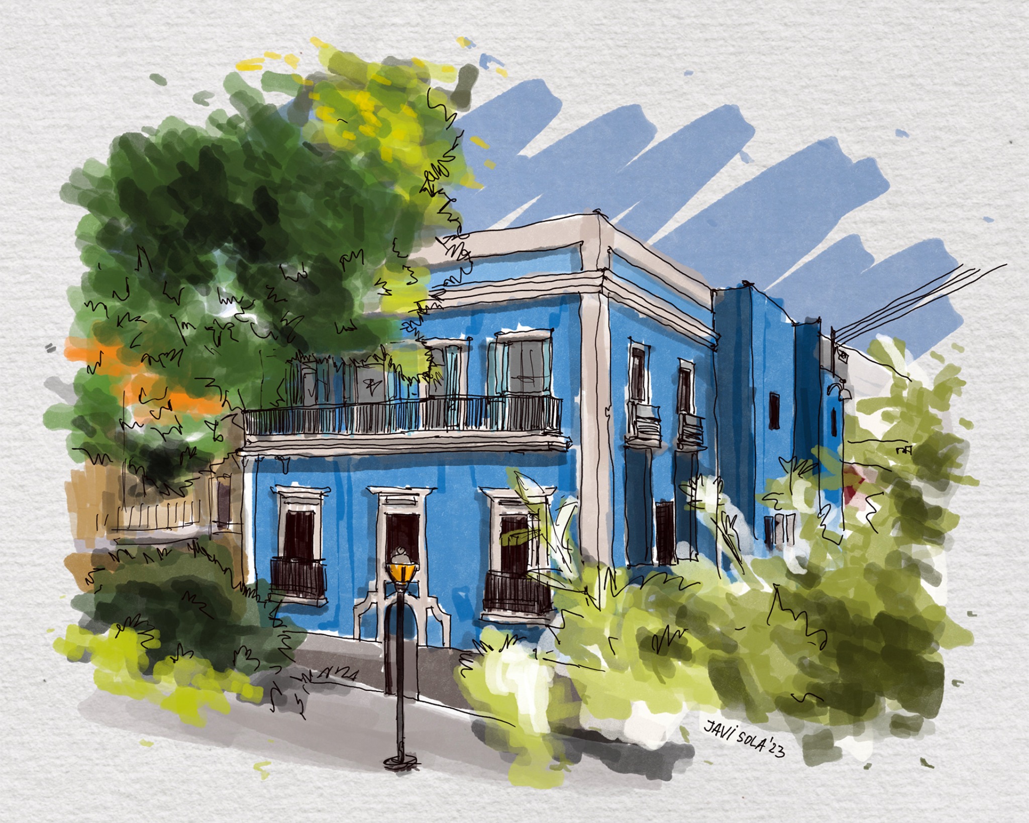 Architectural illustration of a blue colonial building with iron balconies and tropical trees in Old San Juan, Puerto Rico by Javi Sola