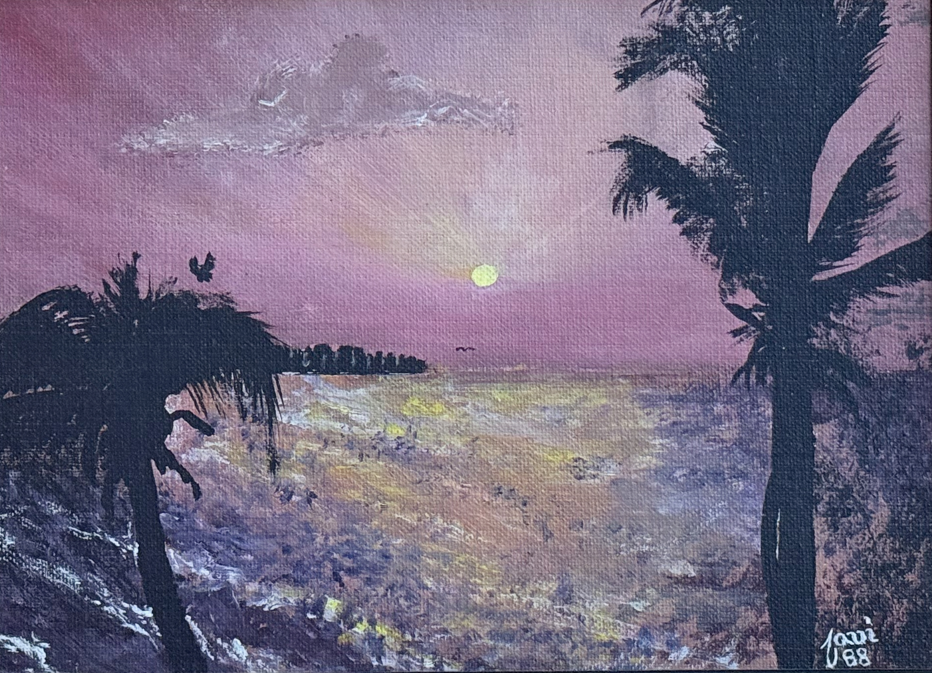 Vintage acrylic painting of Isla Verde, Puerto Rico, 1988, by Javi Sola