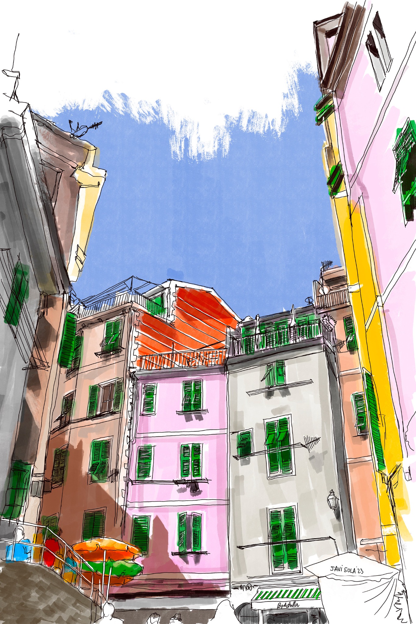 Illustration of colorful Italian village building facades with green shutters and flower boxes seen from a narrow street by Javi Sola