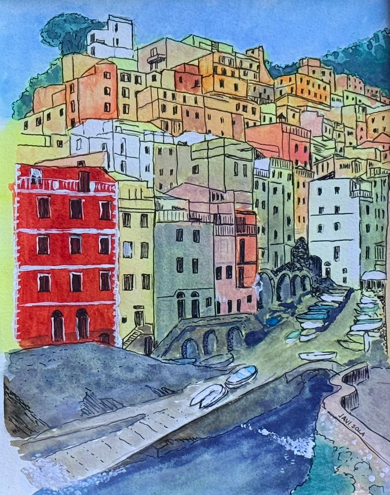 Original watercolor and ink painting of Riomaggiore, Cinque Terre by Javi Sola
