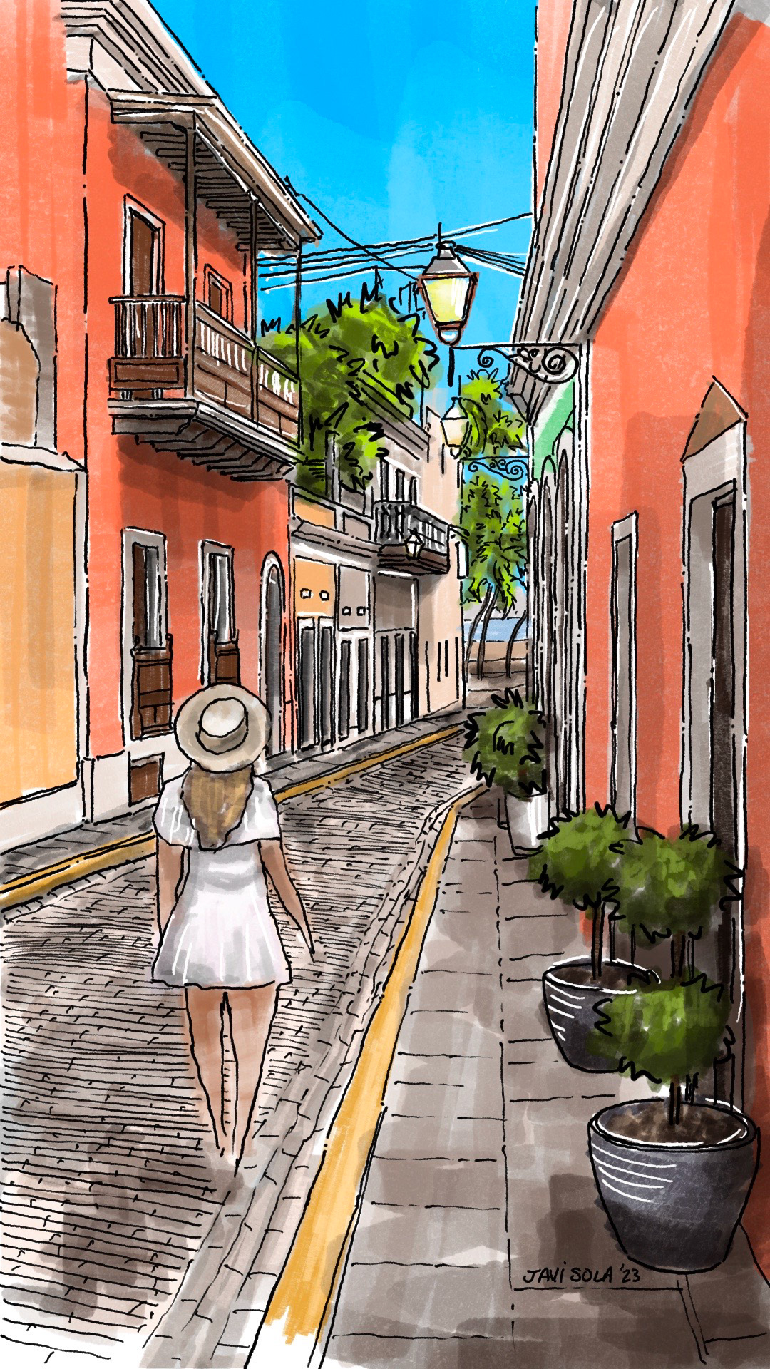 Illustration of a woman in a white dress walking down a cobblestone street lined with salmon-colored colonial buildings in Old San Juan, Puerto Rico by Javi Sola