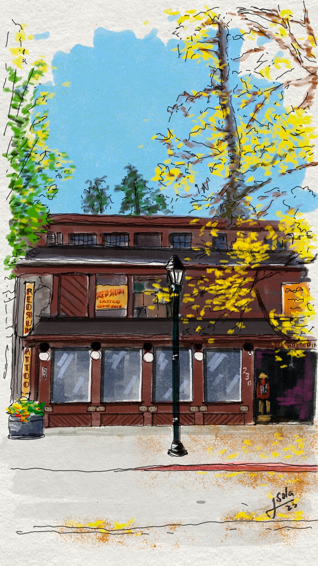 Architectural illustration of a tattoo shop on a street corner in Estes Park, Colorado with autumn foliage and a lamp post by Javi Sola