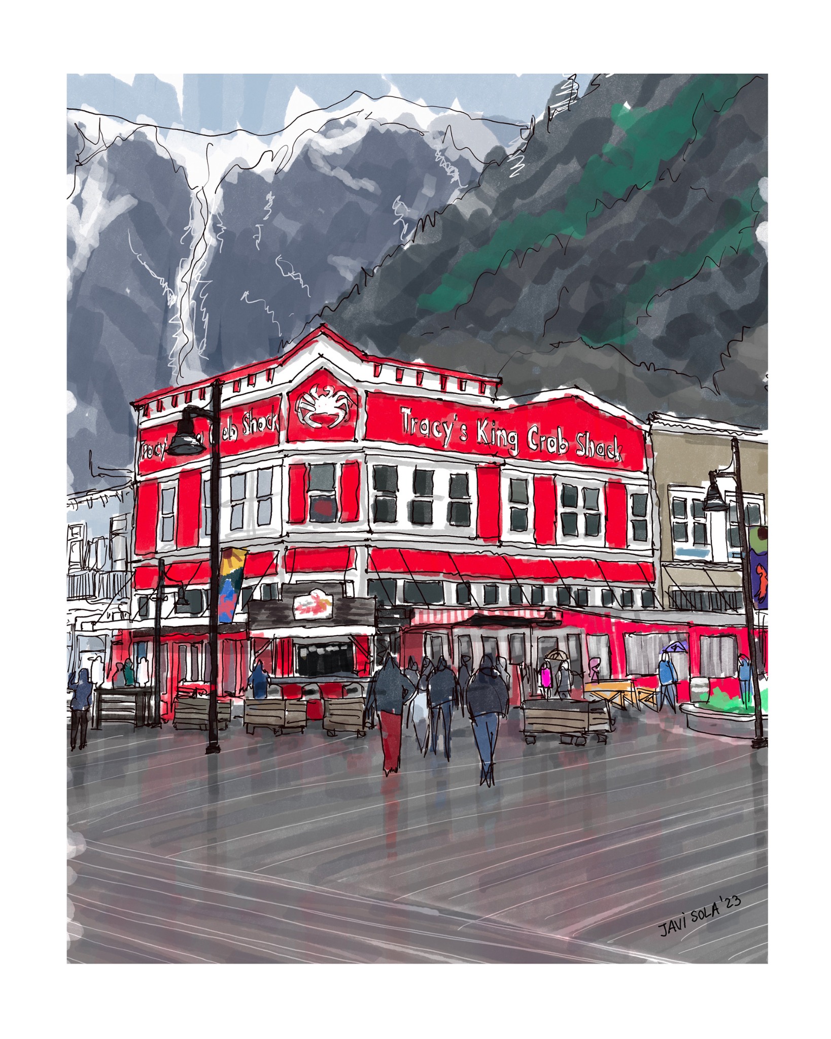 Architectural illustration of Tracy's King Crab Shack restaurant in Juneau, Alaska with a dramatic mountain backdrop by Javi Sola