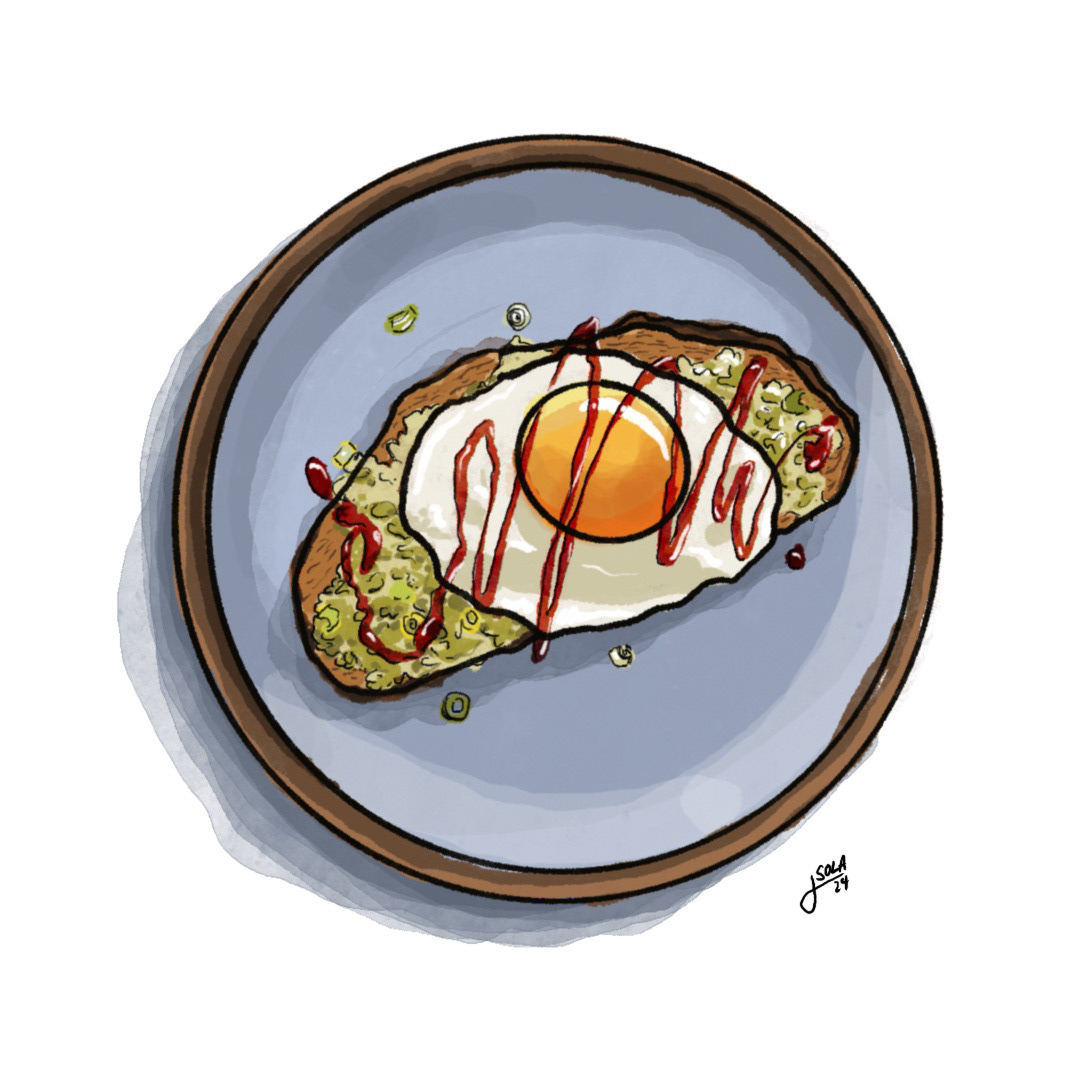 Food illustration of avocado toast with a fried egg by Javi Sola