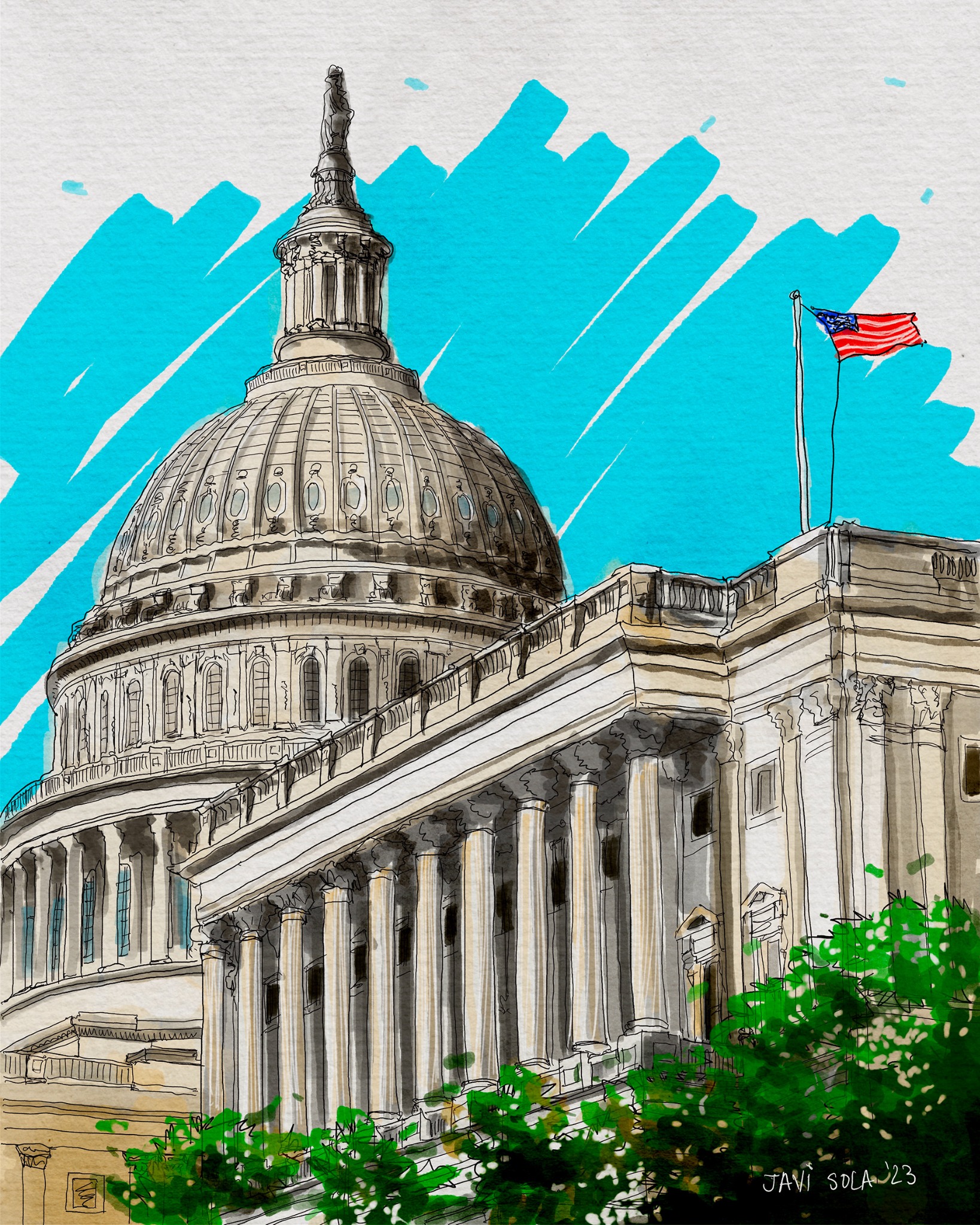 Architectural illustration of a capitol building by Javi Sola