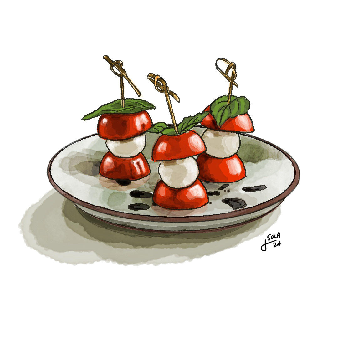 Food illustration of caprese bites with fresh mozzarella and tomato by Javi Sola