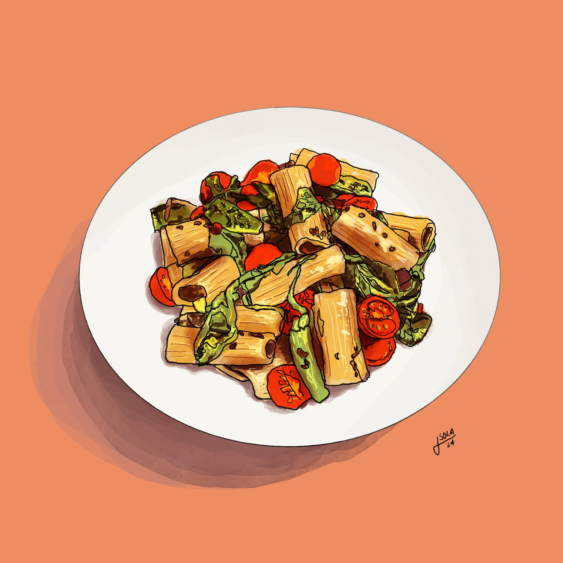 Food illustration of rigatoni pasta salad by Javi Sola