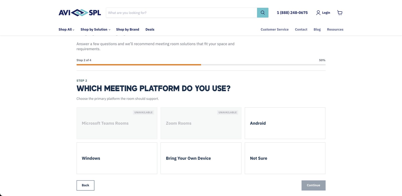 FastTrack step 2 of 4, asking which meeting platform the room uses, with unavailable options marked, designed and built by Javi Sola