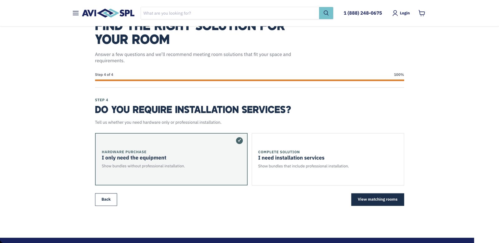 FastTrack step 4 of 4 with hardware purchase selected, asking whether installation services are needed, designed and built by Javi Sola