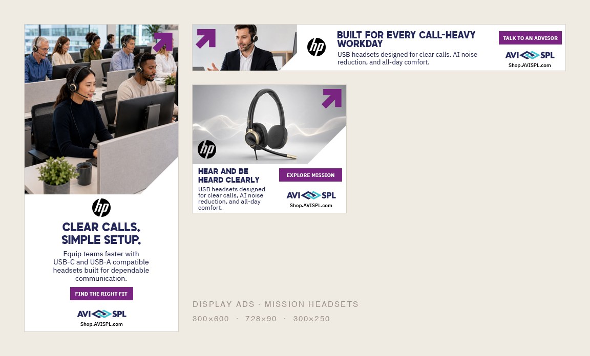 Three HP Poly Mission Headsets display ads in 300x600, 728x90 and 300x250 sizes, built by Javi Sola