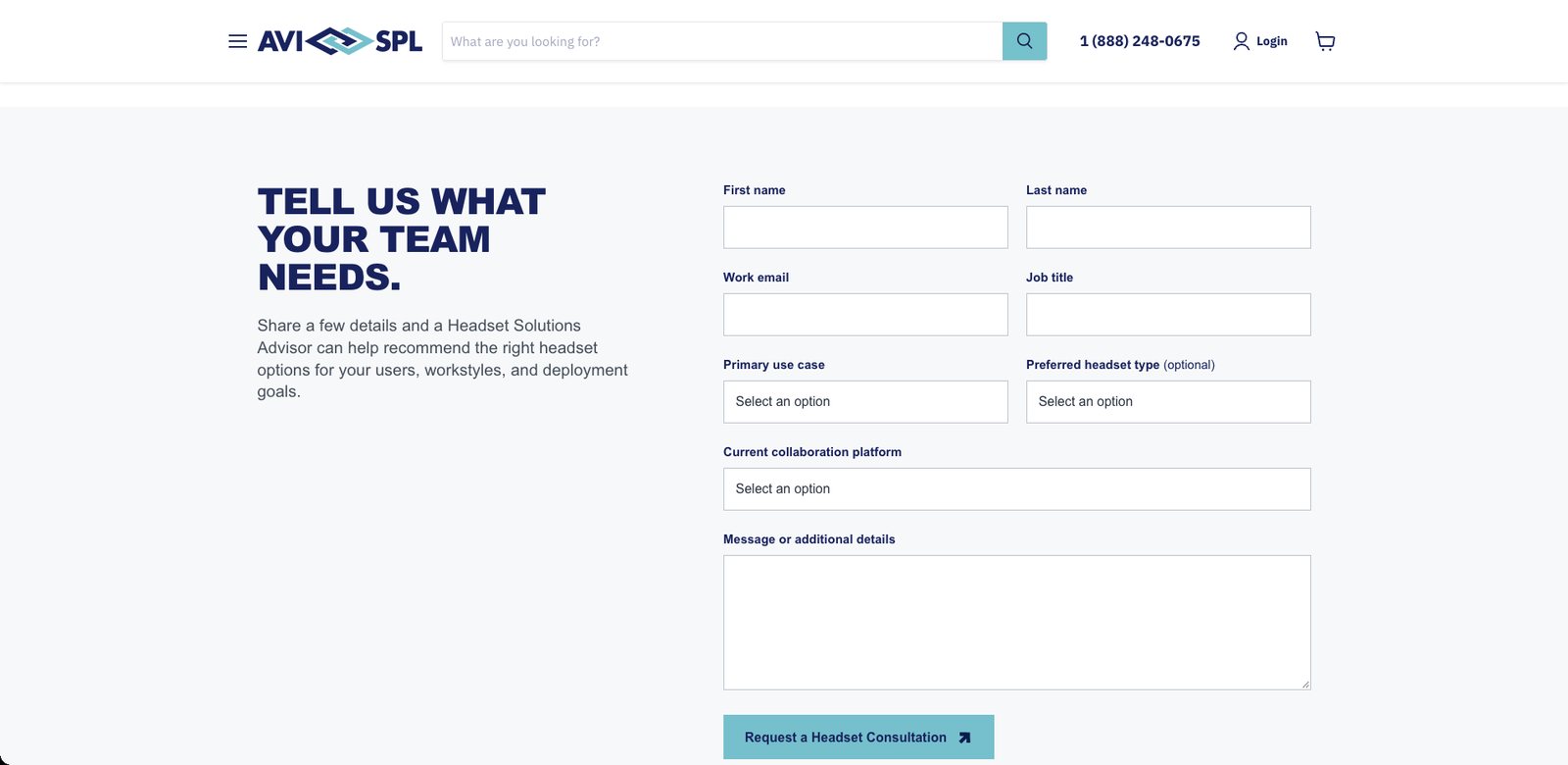 Headset Solutions Advisors qualification form asking for use case, headset type and collaboration platform, built by Javi Sola