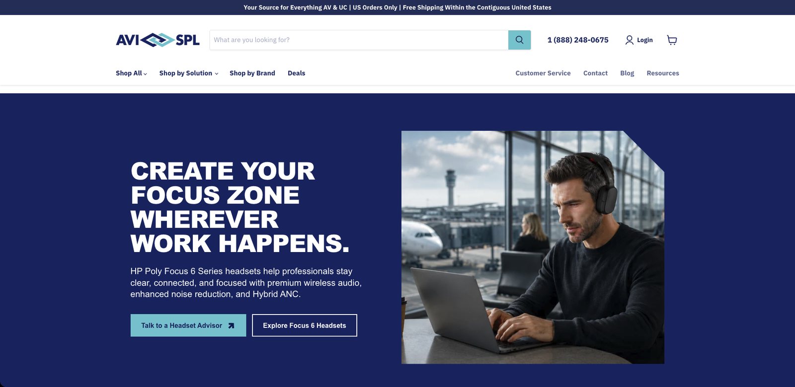Focus 6 Headsets landing page hero on the AVI-SPL Shopify store, built by Javi Sola