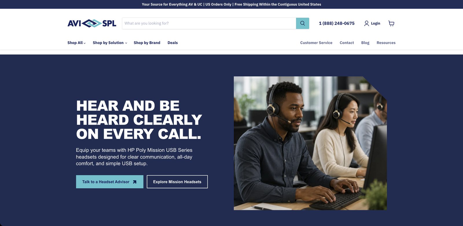 Mission Headsets landing page hero on the AVI-SPL Shopify store, built by Javi Sola